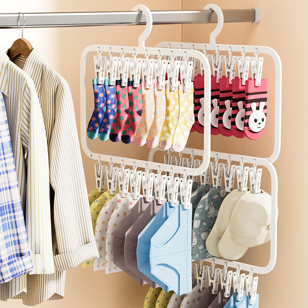 Clothes Sock Drying Rack with 24 Clips, Swivel Hook Wind-Proof Clothes Hanger Rack for Socks, Bras, Underwear