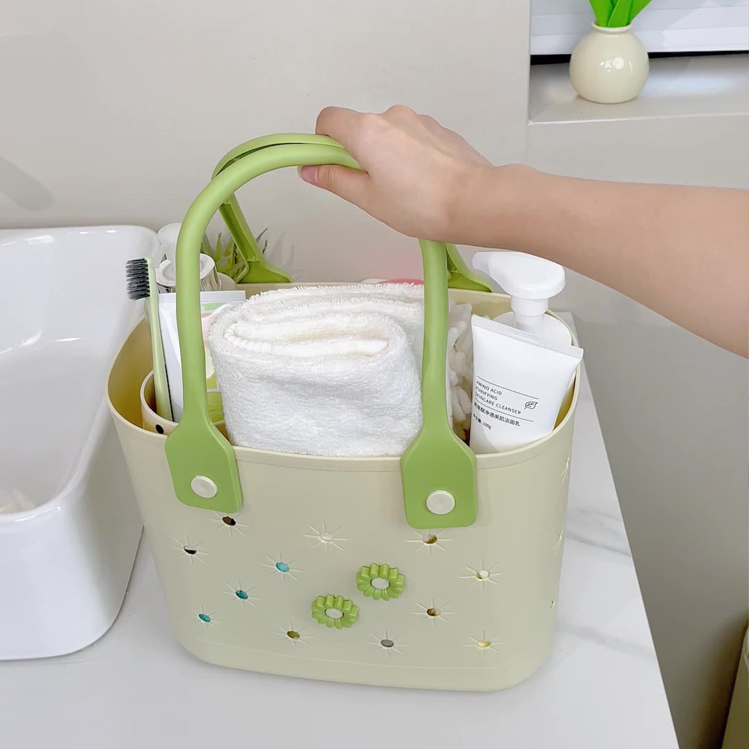 Plastic Storage Basket with Handle Portable Shower Caddy Tote Organizer Basket Bin for Bathroom Kitchen Dorm Room Bedroom