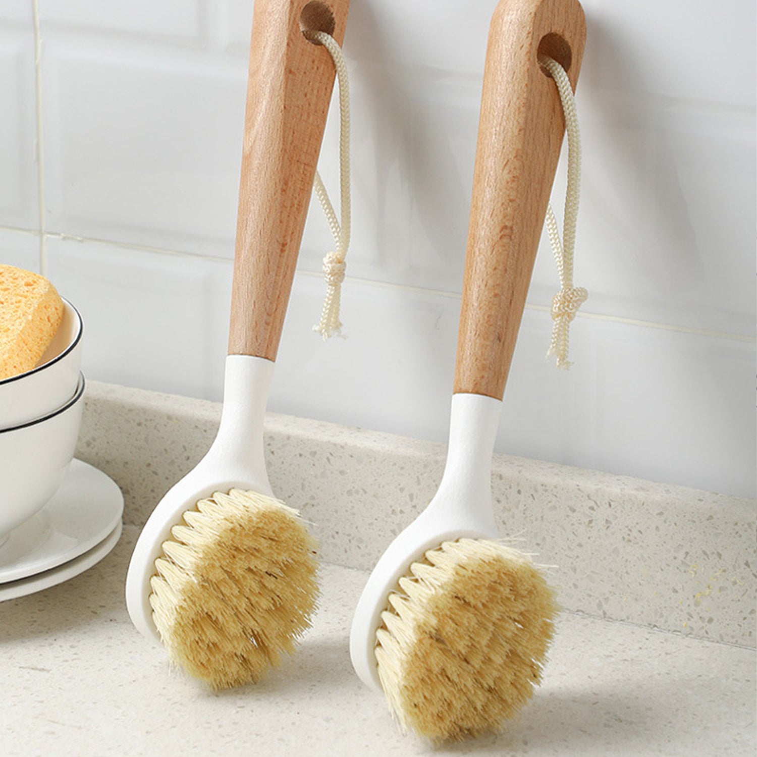 Dish Brush Set with Bamboo Handle, Kitchen Brushes for Cleaning Pot, Sink and Stove, Skillet Scrubber with Tough Bristles
