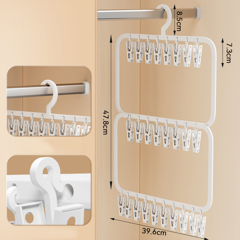Clothes Sock Drying Rack with 24 Clips, Swivel Hook Wind-Proof Clothes Hanger Rack for Socks, Bras, Underwear