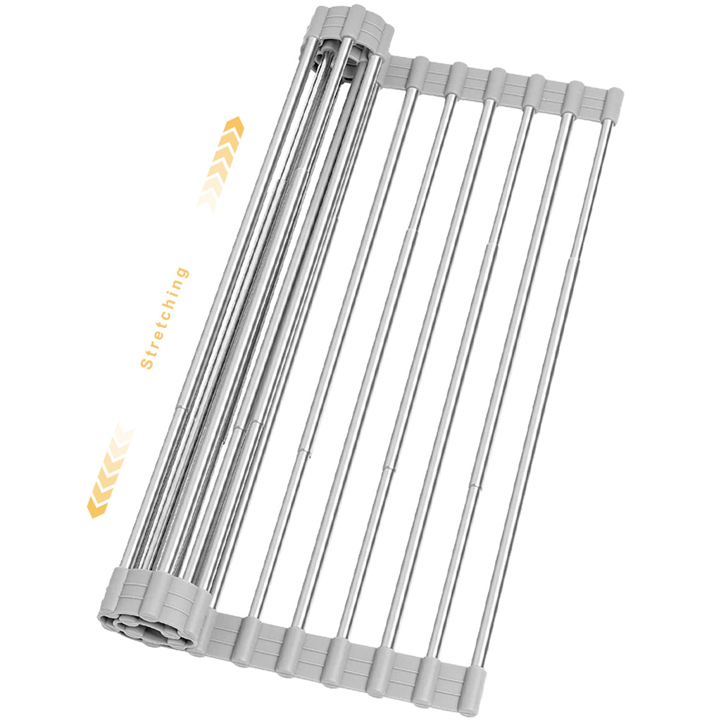 Roll Up Dish Drying Rack Adjustable, Foldable Drying Rack Over The Sink for Kitchen, Silicone and Stainless Steel Dish Rack