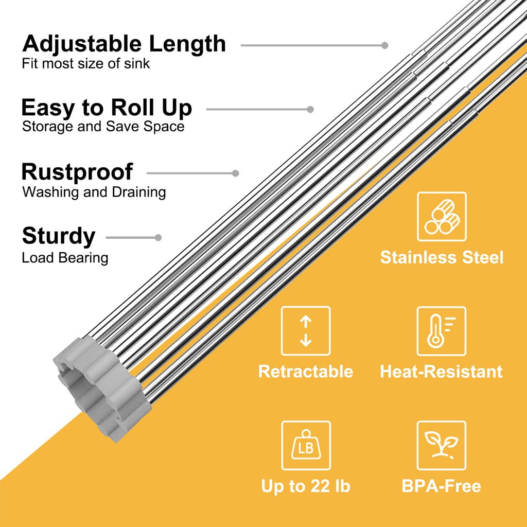 Roll Up Dish Drying Rack Adjustable, Foldable Drying Rack Over The Sink for Kitchen, Silicone and Stainless Steel Dish Rack