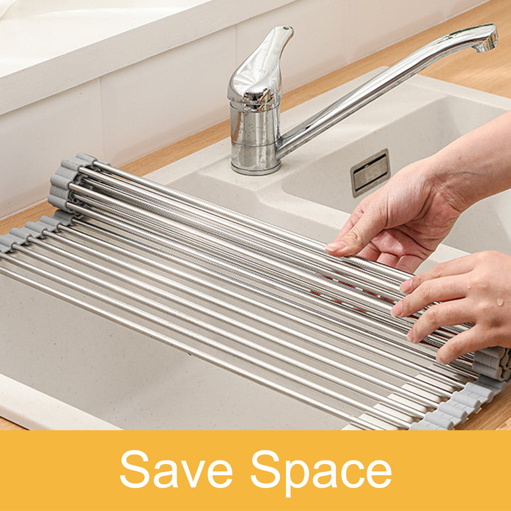 Roll Up Dish Drying Rack Adjustable, Foldable Drying Rack Over The Sink for Kitchen, Silicone and Stainless Steel Dish Rack