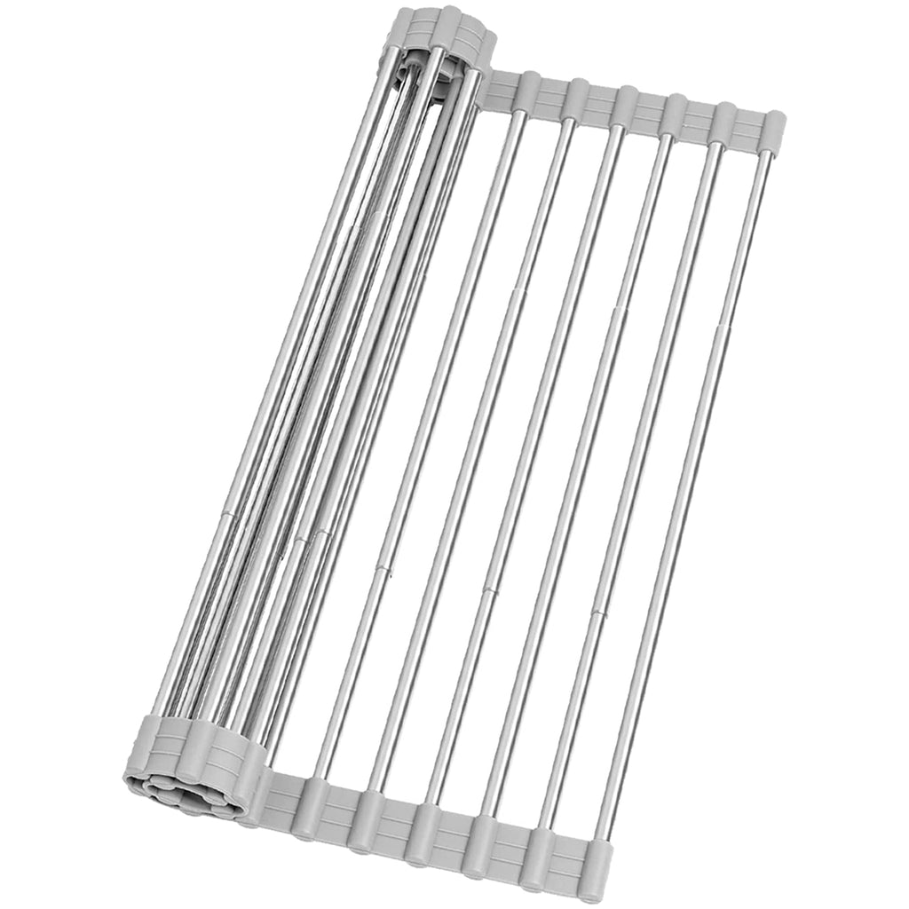 Roll Up Dish Drying Rack Adjustable, Foldable Drying Rack Over The Sink for Kitchen, Silicone and Stainless Steel Dish Rack